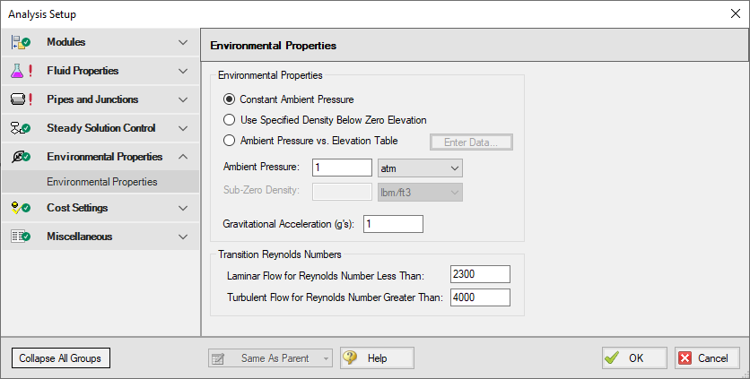 The  Environmental Properties panel in the Analysis Setup window.